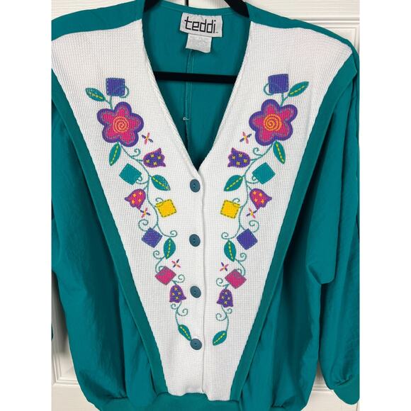 Vintage 80s Teddi Green Textured Waffle Floral Button Sweater Top Large Retro - Picture 8 of 9